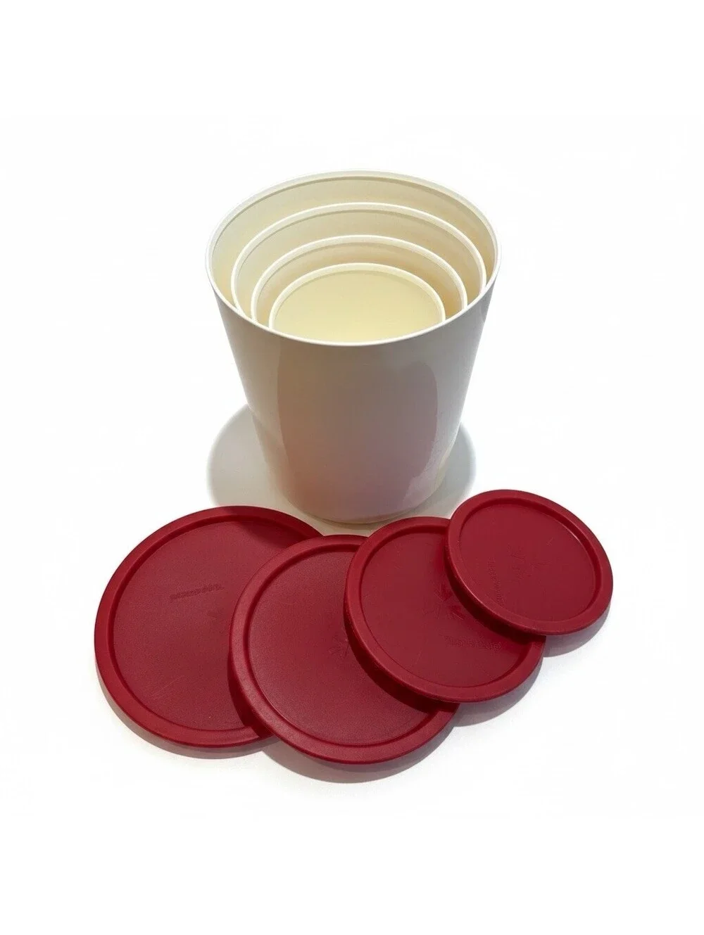 8 piece Tupperware One Touch Nesting Canisters Set White with Red Lids